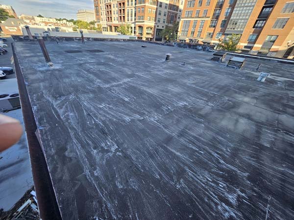 Wide view of the weathered modified bitumen roof at 2330 Columbia Pike with neighboring Arlington apartment buildings behind