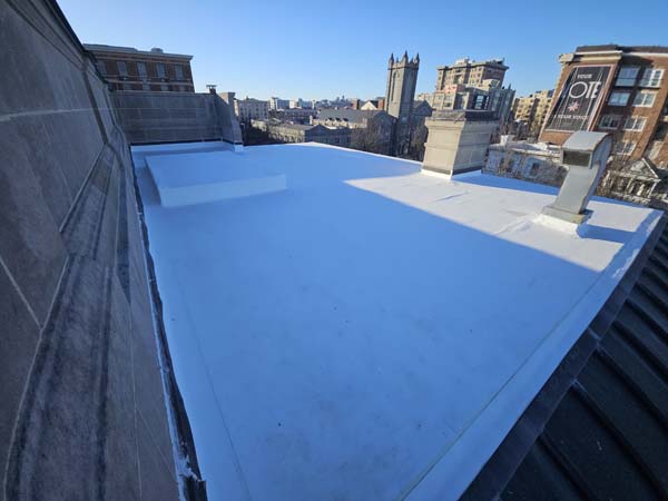 New TPO membrane wrapping a low curb at 1530 P St NW, with a metal vent cap, the stone parapet and the slate mansard alongside