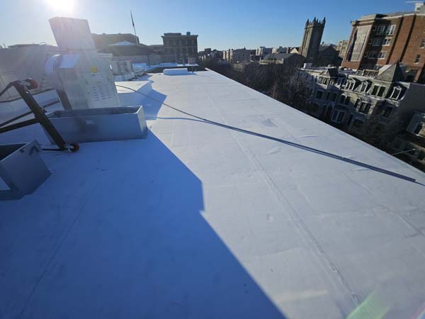 Long run of completed white TPO membrane at 1530 P St NW with welded seams visible and rooftop equipment at the far end
