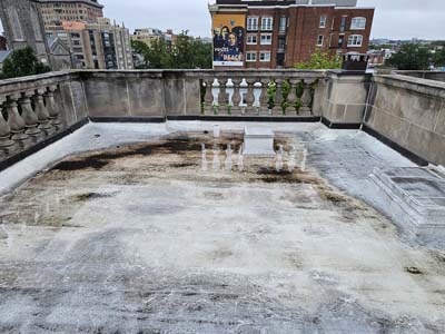 Flat roof section behind the stone balustrade at 1530 P St NW showing dark silt and organic staining left by long-standing ponded water