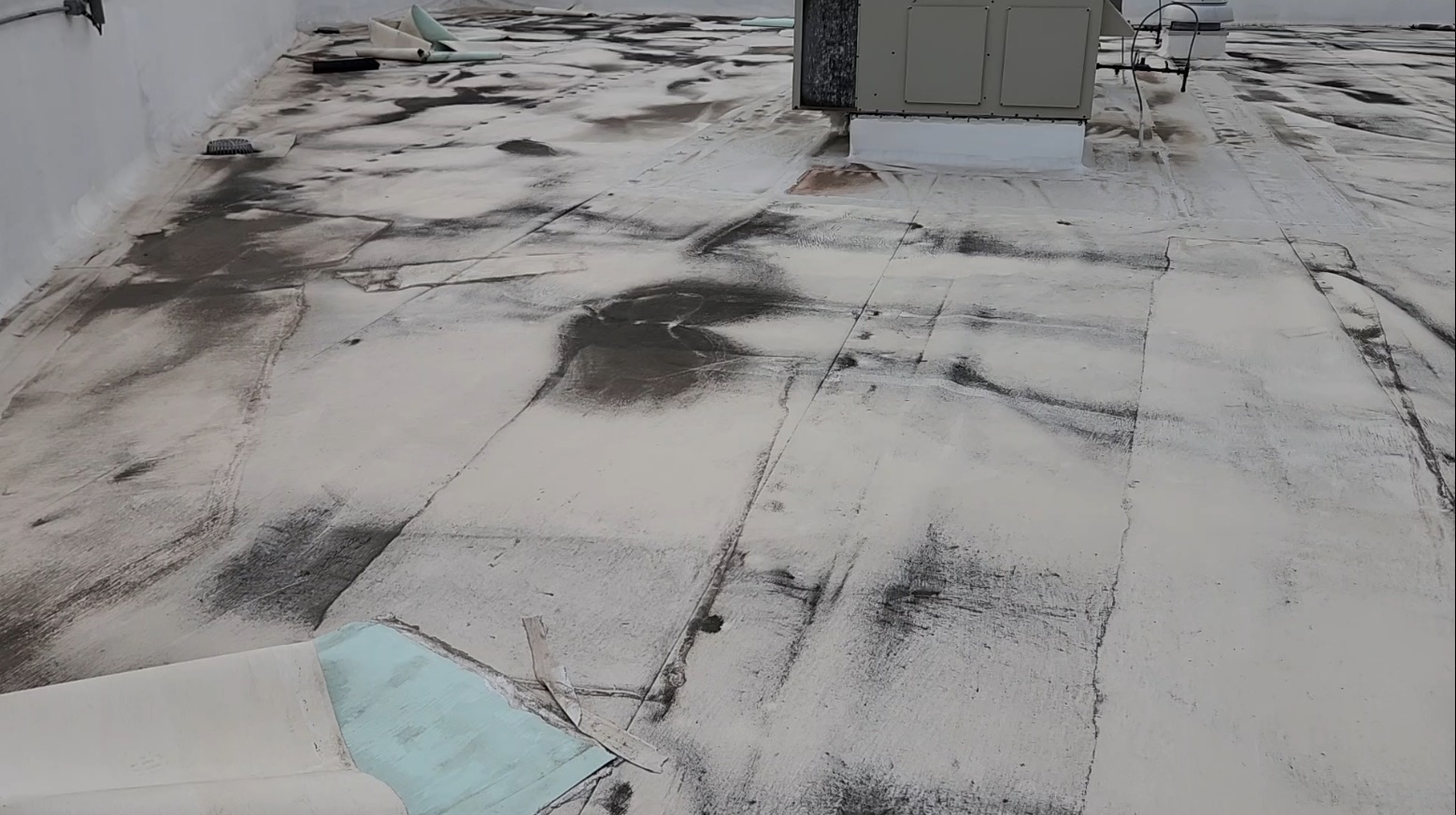 Weathered Duro-Last membrane at 7171 New Market Ct in a low area that held standing water